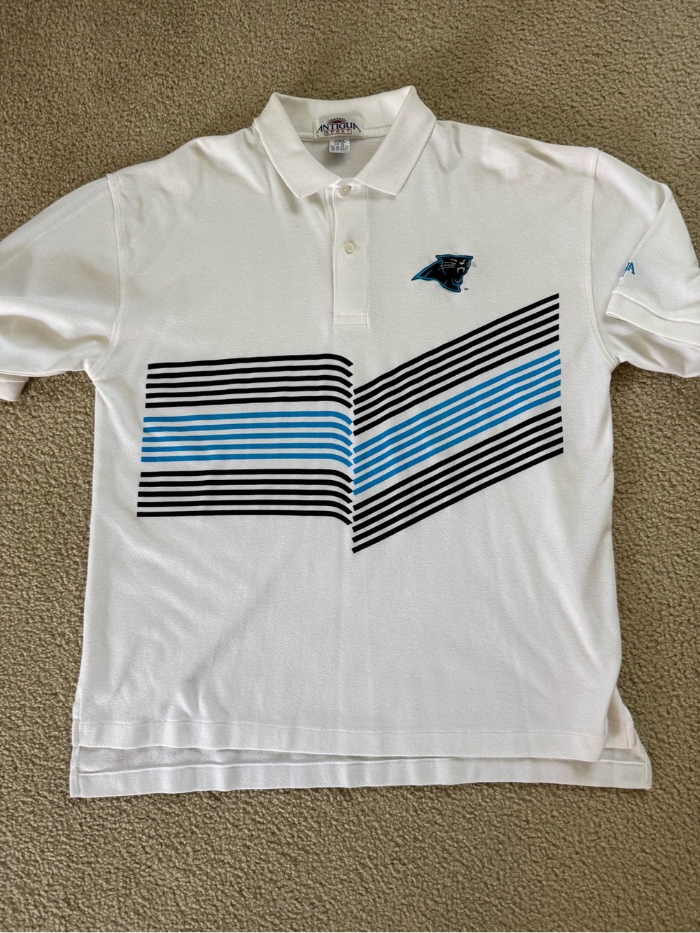 Vintage Antigua Carolina Panthers White Polo with Black and Blue Stripe